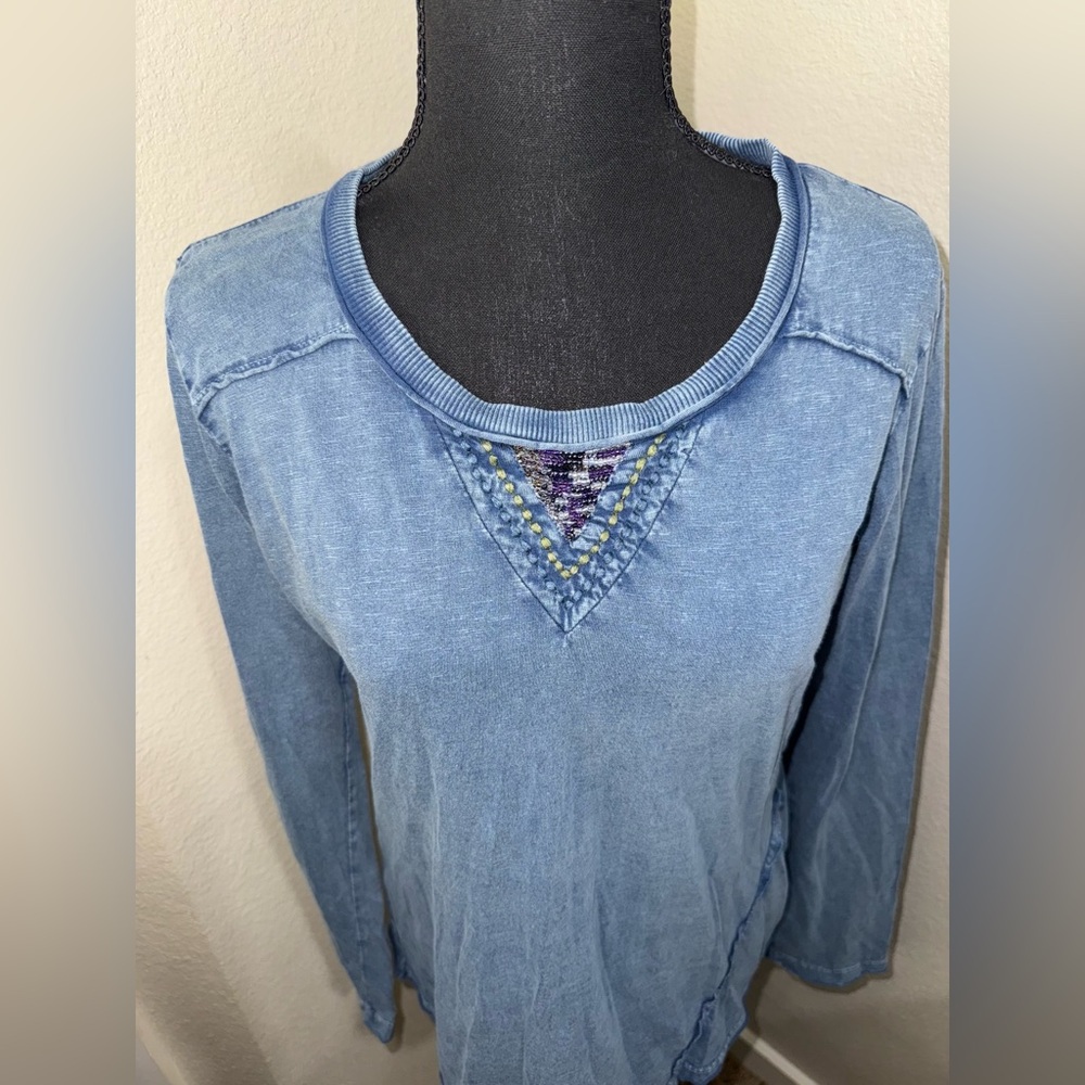 Spense Blue Acid Wash Boho Top Embroidered Y2K Long Sleeve Tee- Medium - Picture 3 of 9